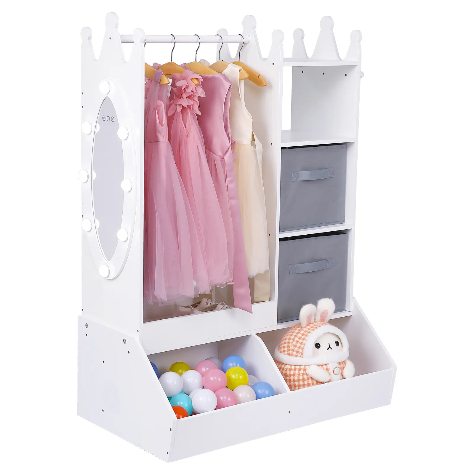 Kids Dress Up Wardrobe with Light and Mirror – Wooden Armoire Closet – Clothing Rack and Storage Bin – Organizer for Girls Bedroom, White