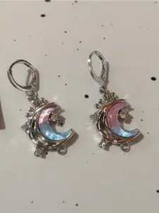 Gothic Y2K Vintage Star & Moon Design Crystals Cross Pendant Dangle Earrings, Dangle Drop Earrings, Chic Retro Style Accessory for Girls' Daily Wear