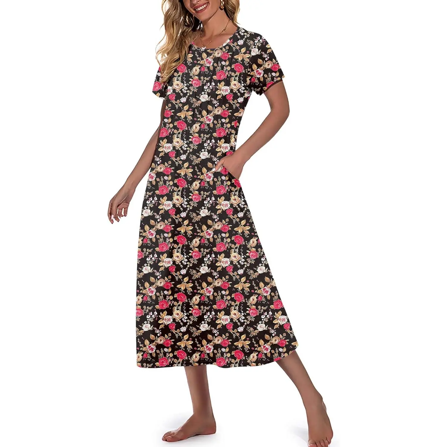 MARVMYS Women's Nightgown, Soft Cotton Floral Sleep Dress with Pockets, Short Sleeve Full-Length Pullover Loungewear S-3XL, Necklace, Accessories, Comfortable, Breathable, Casual, Round Neck, Fashion Apparel, Fabric, Simple, Pleated