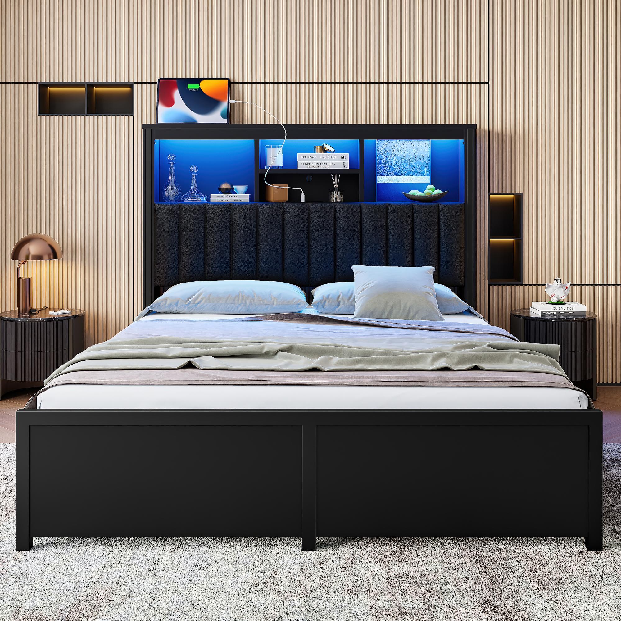 King Size Platform Bed Frame with Tall Storage Headboard and 4 Storage Drawers，Metal Platform Bed with LED Light and Charging Station for Small Space Bedroom Living Room No Box Spring, Black