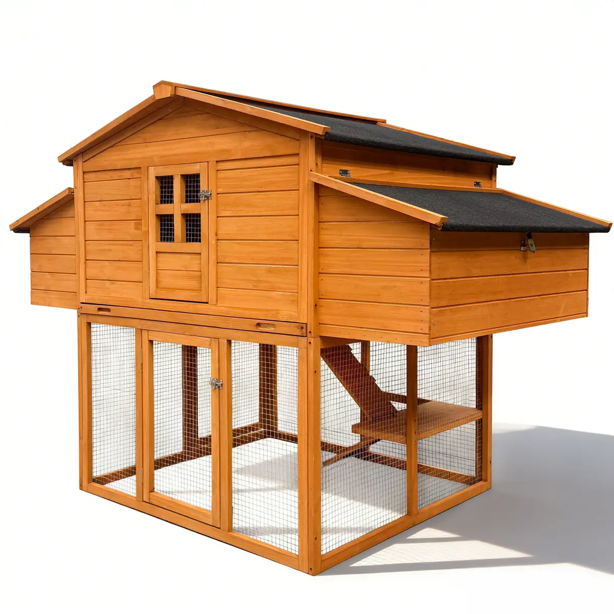 Wooden Chicken Coop Outdoor Poultry Hutch with 2 Nesting Boxes, Leakproof Pull-on Tray, UV-Resistant Roof Panel, Ventilation, Chicken Coop Enclosure (Shipped in 2 Packages) Poultry Cage Accessory