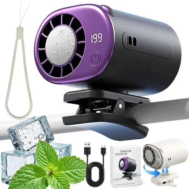 Mini Portable Clip-On Fan with 16℃ Cold Compress, Adjustable 199-Speed Cooling Chip, 360° Rotatable Head and USB Port for Daily Commutes, Car Fan