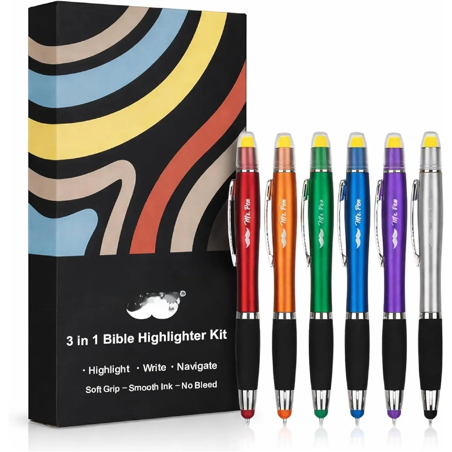 -  Highlighter with  and Stylus for Touchscreens, 3 in 1, 6 Pack, Colorful , Black Ink Ballpoint Ink s, Yellow Wax Gel Highlighters