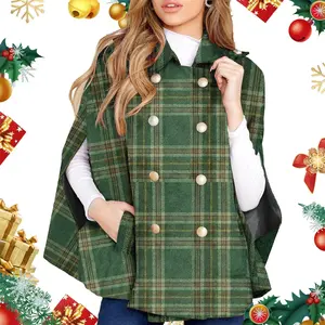 Imily Bela Christmas Womens Plaid Jacket Double Breasted Winter Cape Coats Turn Down Poncho with Pocket