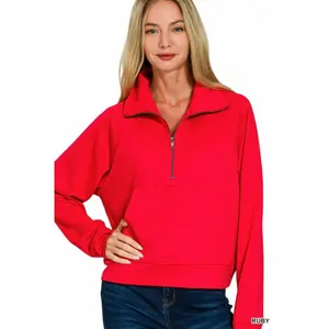 Scuba Mom Crop Ruby Red Soft Scuba Half Zip with Front Pocket Top for Everyday Wear Women's Sweatshirts