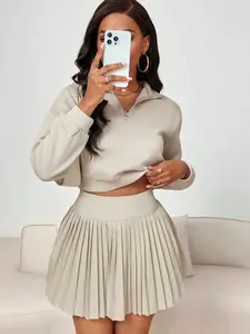 Two-piece set women's fashion half-neck zipper design short sweatshirt and high-waisted design pleated skirt short skirt two-piece set, suitable for autumn and winter, suitable for indoor and outdoor, party, queuing to wear
