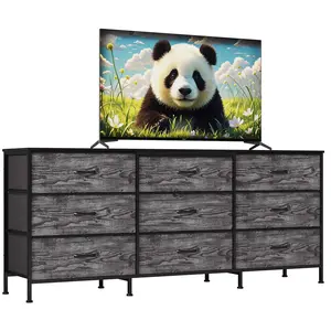 Modern 63" TV Stand with 9 Fabric Drawers - Wide Wooden Top, Metal Frame Dresser Storage Cabinet for Bedroom, Living Room