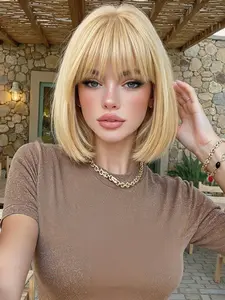 12-Inch Blonde Straight Bob Wig, Shoulder-Length Short Heat-resistant Synthetic Wig, Comfortable and Lightweight for Daily Wear