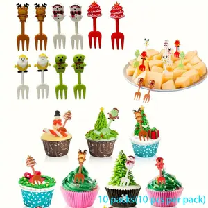 10 packs(10 pcs per pack) Plastic Fruit Forks Cute Food Picks Reusable Lunch Box Toothpicks, Adorable Christmas Bento Forks, Fun Lunch Time