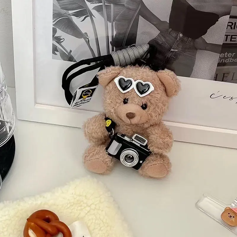 Cute Flash Camera Bear Plush Doll Bag Pendant - Faux Fur Pink Heart Teddy Bear Keychain Charm Carabiner for Keys Bags & Cars
