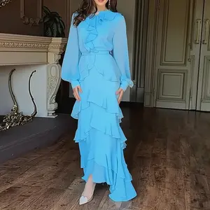 ChicMe French Style Rhinestone Button Decor Ruffles Round Neck Lantern Sleeve Valentine's Day Maxi Dress Zipper Back Layered Ruffle Hem Chiffon Evening Dress with Belt for Wedding Guest & Wedding