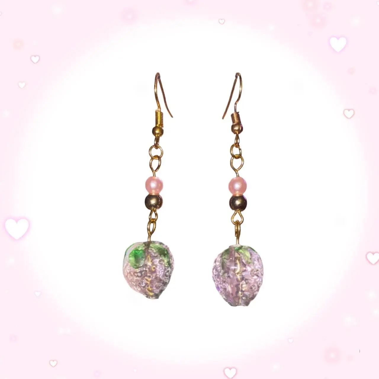 Handmade Strawberry Earrings! Pink & Gold Beading