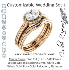 CZ Wedding Set, featuring The Letitia engagement ring (Customizable Cathedral-set Oval Cut Halo Style with Pavé Band)