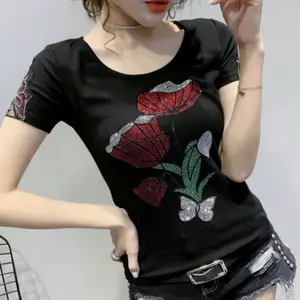 Y2k New Fashion Hot Diamond Flowers Cotton T-Shirt Women O-neck Summer Tees Female Elegant hollow out Patchwork Slim Tops Shirts Womenswear Tshirt
