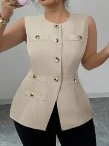 Plus Size Women's Waist Cinching Blazer Vest, Loose Fit Round Neck Sleeveless Top, European Style Womenswear Office Outerwear, Spring Casual Wear, Basic
