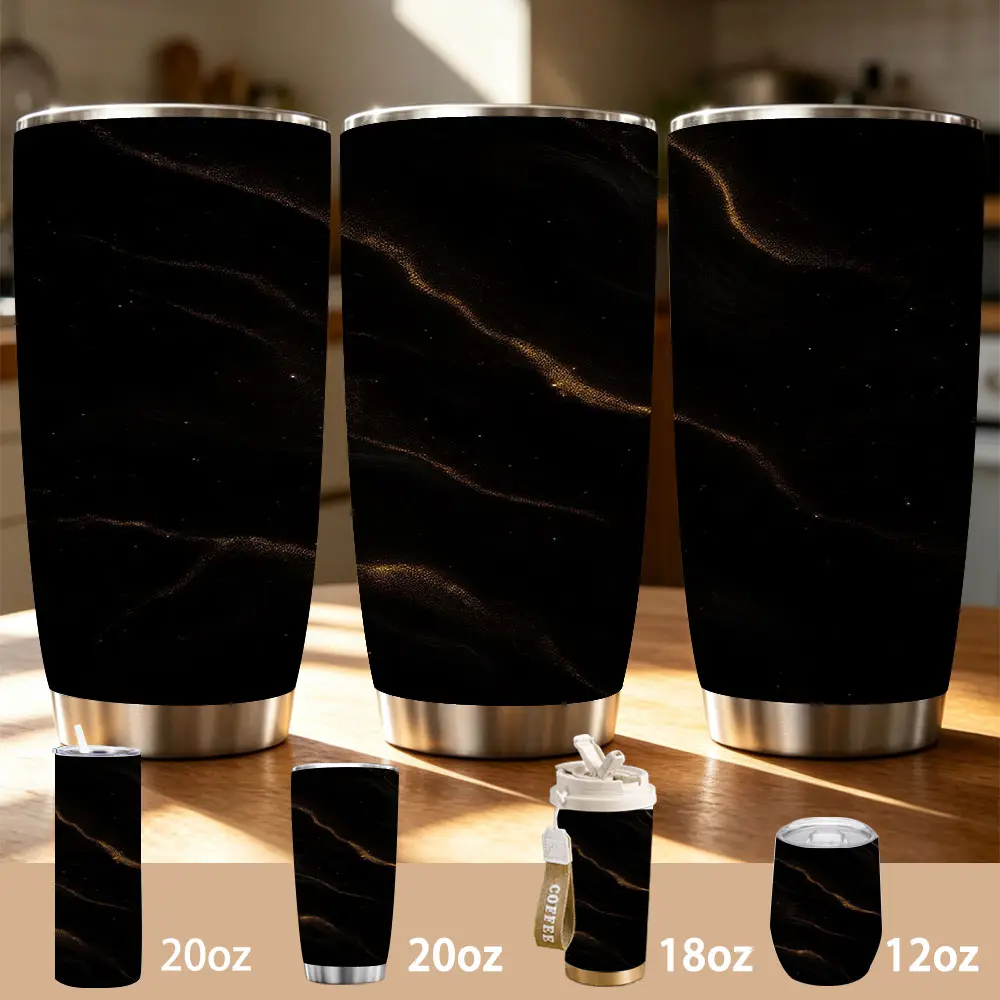 Black Gold Marble Tumbler, Elegant Night Sky Swirl Design, 12/18/20oz Stainless Steel Insulated Cup, Keeps Cold/Hot for Hours, Minimalist Luxurious Gift