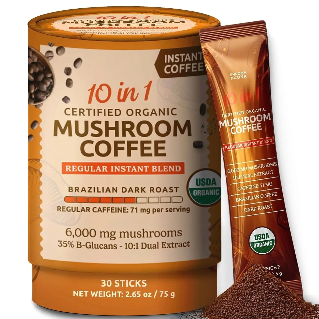 10-in-1 USDA Certified Organic Mushroom Coffee Instant, Instant Mushroom Coffee Brazilian Dark Roast for Better Energy, Focus, Gut Health, 30 Sticks, Regular Caffeine - MatchaDNA
