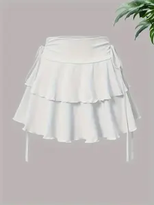 Women's Plain Ruffle Hem Tiered Layer Skirt, Casual Tie Side Short Skirt for Summer, Women's Bottoms for Daily Wear, Tennis Skirt