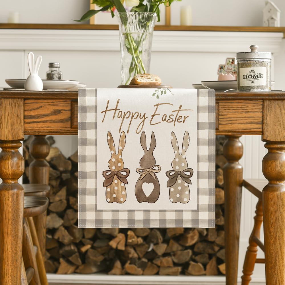 Happy Easter Table Runner 13x72/108 Inch Plaid Bunny Table Runner Seasonal Spring Kitchen Dining Table Decoration for Home Party Easter Happy Easter Table Runner 13x72/108 Inch Plaid Bunny Table Runner Seasonal Spring Kitchen Dining Table Decoration for Home Party Easter
