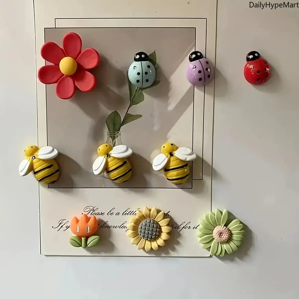 10-Piece Universal PVC Metallic Playful Geometric Flower-Ladybug Cute Fridge Magnets, Decorative Refrigerator Magnetic Fashion Accessory Set for Kitchen Decor