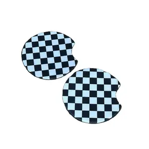 Checkered Pattern Round Anti-Slip Coasters for Men & Women Men - Round Car Interior Decoration Accessory for Women White Black Checkerboard Checker new car gift