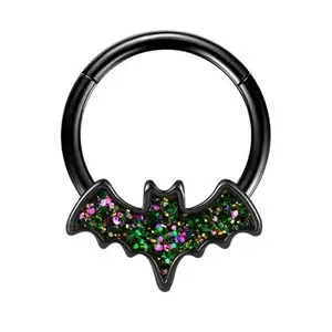 OUFER BODY JEWELRY 16G Glitter Cute Halloween Bat 8MM 10MM Hinged Segment Clicker Septum Ring for Halloween Enthusiasts