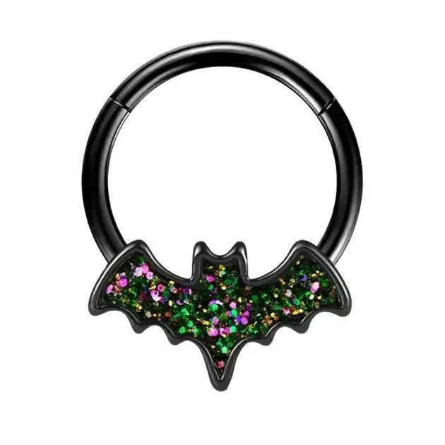 OUFER BODY JEWELRY 16G Cute Bat Septum Ring, Glitter Halloween Hinged Segment Clicker, Comfortable Fit Body Piercing Jewelry, 8MM 10MM