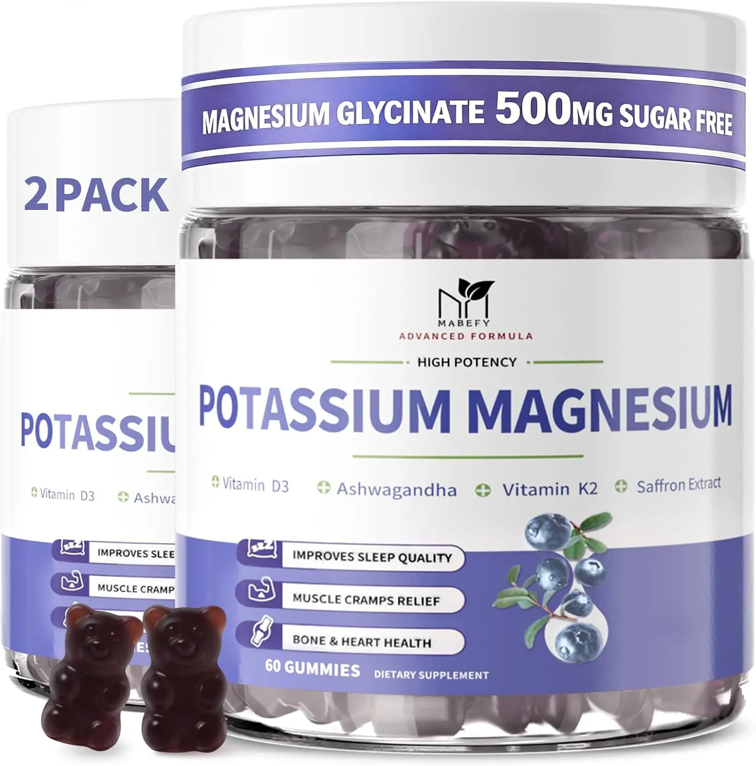 Potassium Magnesium Gummies Magnesium Glycinate 500mg for Sleep 2 Pack | Leg Cramps, With Calcium Zinc Vitamins, Sugar Free, Chewable Supplement, Support Healthy Muscle Relaxation for Daily Wellness