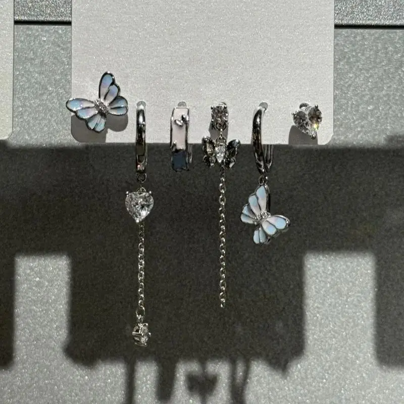 Cool girl! Black butterfly fringe six piece earrings Sweet cool earrings niche design piece earrings buckle earrings female