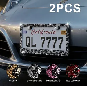Queen’s Land 2PCS Bling Leopard License Plate Frames with Crystal Rhinestones, Sparkle Girly Car Accessories, Bling Car Decor for Girls Women Pink Red Black Leopard Car Accessories for Truck SUV fathersdaygift