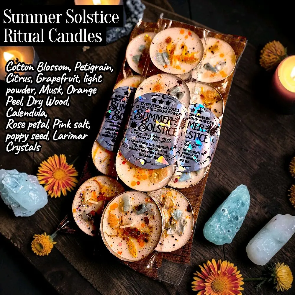 Ritual Intention Candles, Summer Solstice, Beltane, Cotton Blossom, Beachy Scent, Larimar crystals
