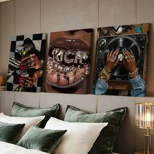 3 Counts Wooden Framed Canvas Painting, Luxury Fashion Hands Lips Vinyl Images, Exquisite Poster, Perfect Living Room Decoration, Modern Art, Fashion Family Poster, Wall Art Decoration, Waterproof Art