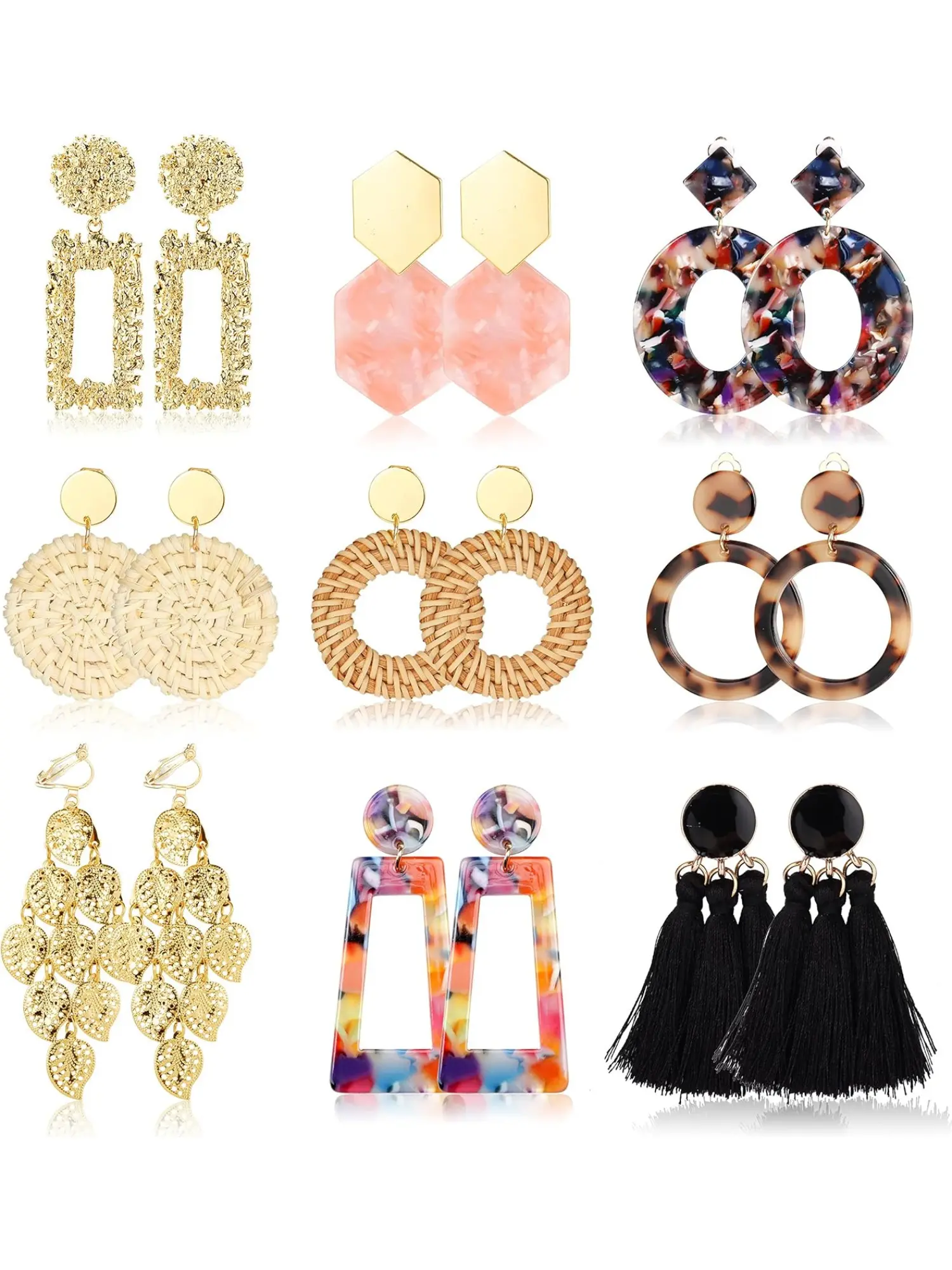 9Pairs Clip on, Non Pierced Earrings, Drop Earrings for Women Casual Fall Fashion Earring Jewelry Statement Rattan Resin Acrylic Tassel Dangling Earrings Lightweight Geometric Hoop Non Piercing Earrings-style Stud Earrings Jewelry Earring Set