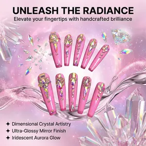Contains Jelly,Chrome,Sculptural,Gemstone,Nails in the title, attribute, or description，pink , punk , diamond ,3d nails, Gold Crystal Gemstone Press-On Extra Long Pink French Tip