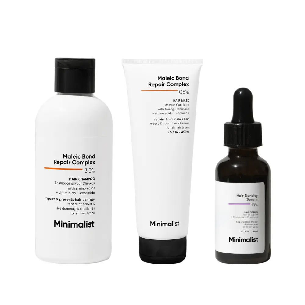 MINIMALIST Hair Density & Repair Trio with 3.5% Maleic Acid - Bond Strengthening Sulfate-Free Shampoo, Mask & Serum, Ceramides-Infused Amino Acid Haircare for Damaged, Anti-Frizz Hair, Fragrance-Free Cleanser