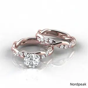 Women’s Twisted Rope Two-Piece Simulated CZ Gold-Tone Base Alloy Ring Set, Stack Bridal Jewelry Proposal Event & Gentle Romantic Feminine Bride Holiday Gift Wear