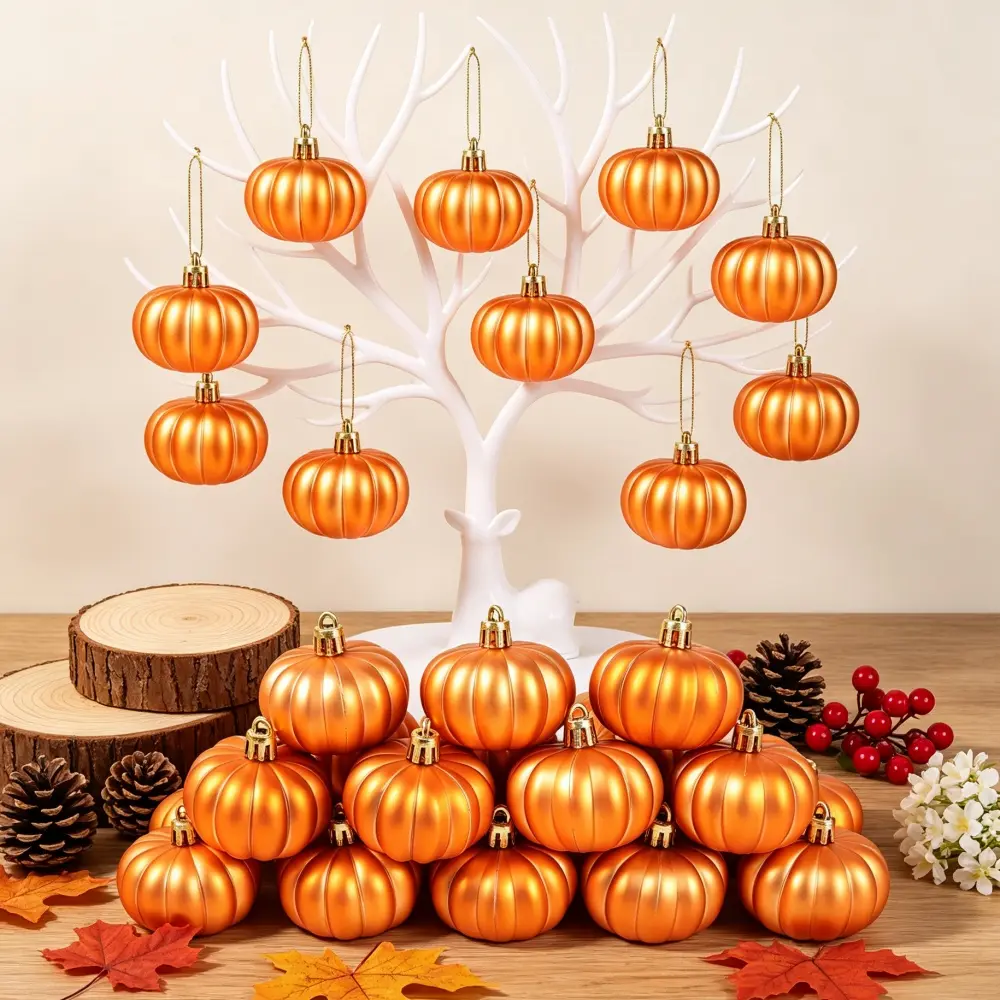 24Pcs Retro Metallic Lightweight Plastic Fall Pumpkin Tree Ornaments Pack, Mini Hanging Decorative Pumpkin Balls - Thanksgiving Autumn Home Halloween Decorations, Festive Orange Gift