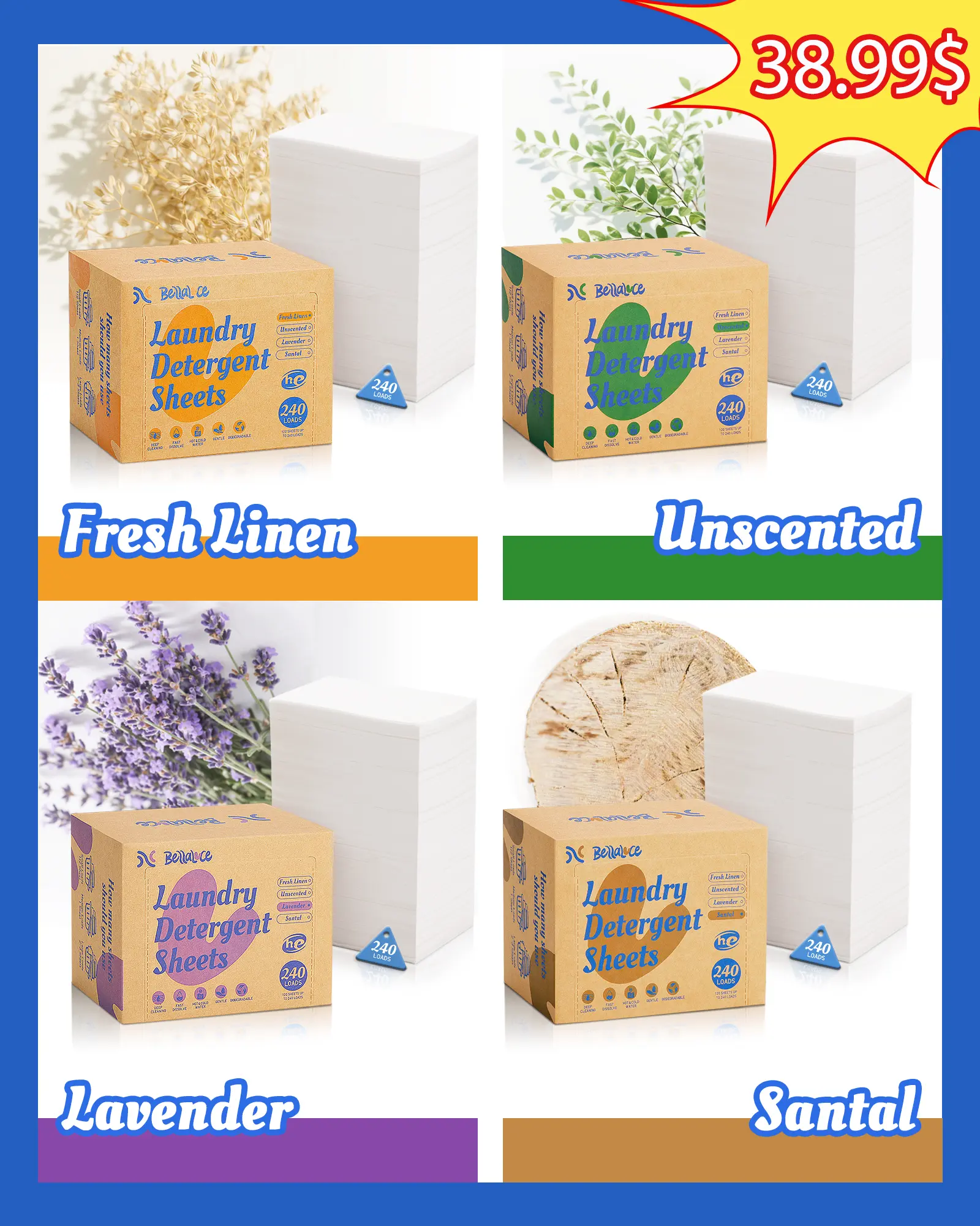 BellaLuce 960 Loads Laundry Sheets - 4 Fresh Scents, Plastic-Free, Compact & Travel Ready | Lasts 2 Years! Multi Purpose Detergent - Natural, 3-Second Dissolve, Lavender & Santal Scents