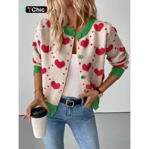 Valentine's Day 3D Heart Knit Cardigan, Colorblock Round Neck Long Sleeve Sweater, Casual Fitted Spring & Fall Fashion