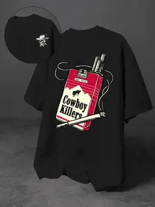 1 PC Men's Cowboy Killers Graphic T-Shirt Streetwear Vintage Skeleton Cowboy Print Short Sleeve Oversized Cotton Tee for Urban Street Outfits