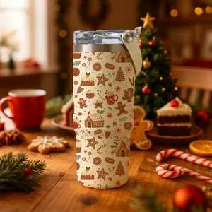 1 Pc 30 Oz Stainless Steel Insulated Tumbler with Handle and Flip Lid, Christmas Gingerbread House and Cookie Design, Double-Wall Vacuum Cup, 100% Leak-Proof, Keep Drinks Hot 12H / Cold 24H, Perfect Holiday and Winter Gift for Family and Friends.