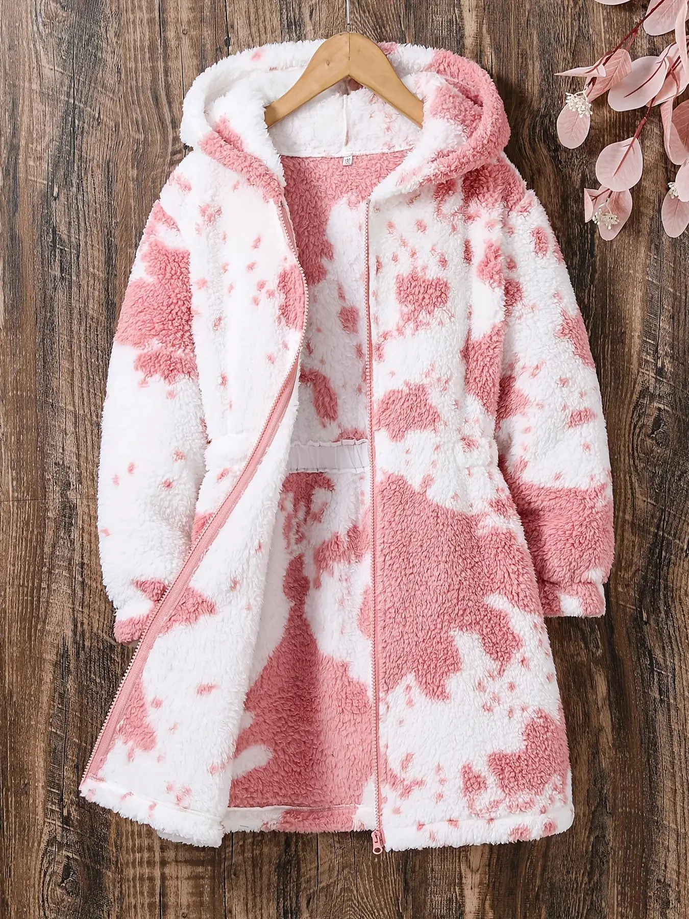 Girl's Random Tie Dye Print Zip Up Hooded Fuzzy Winter Coat, Casual Long Sleeve Waist Closure Warm Coat for Fall & Winter, Kids Clothes for Daily Wear