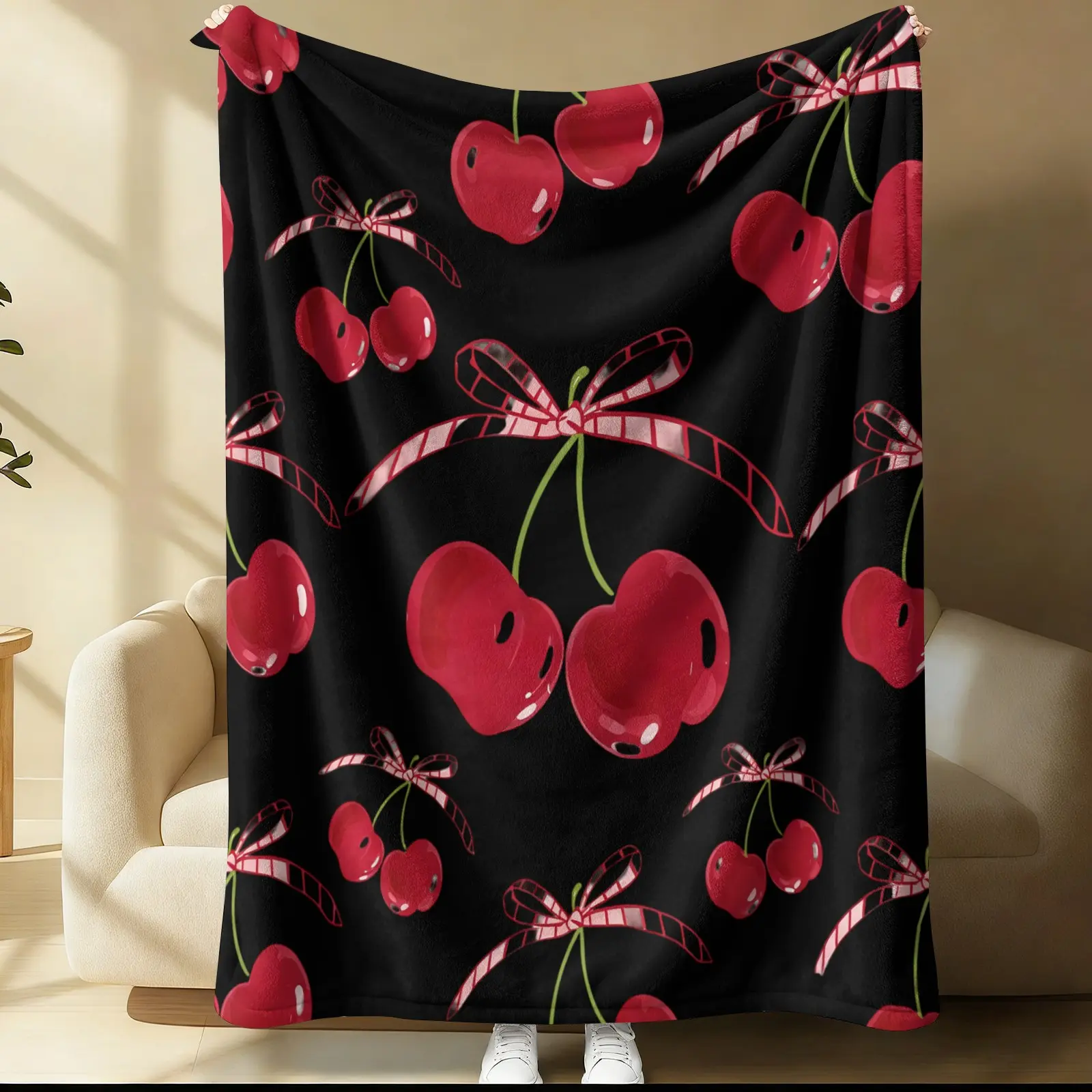 Cherry fashion printed pattern blanket, suitable for all seasons, suitable for beds, sofas, cars, room decorations, and gifts, suitable for children or adults