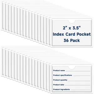36Pcs Adhesive 2" x 3.5" Index Card Pockets Clear Label Holders with Top Open for Loading Plastic Pocket Sleeves for Organizing Storage Bins Library Cards Shelves