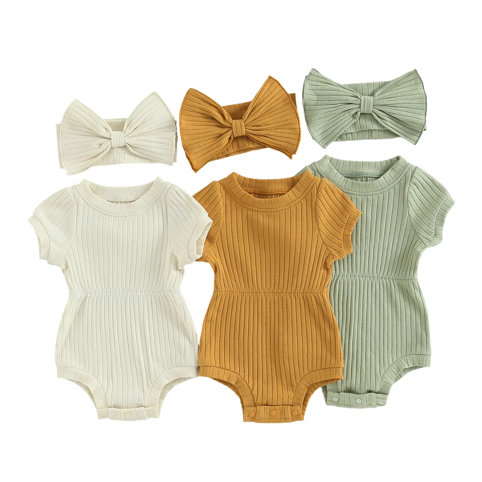 Infant Baby Girl 2 Piece Outfits Solid Color Short Sleeve Romper with Bow Headband Set Summer Clothes 0-18 Months