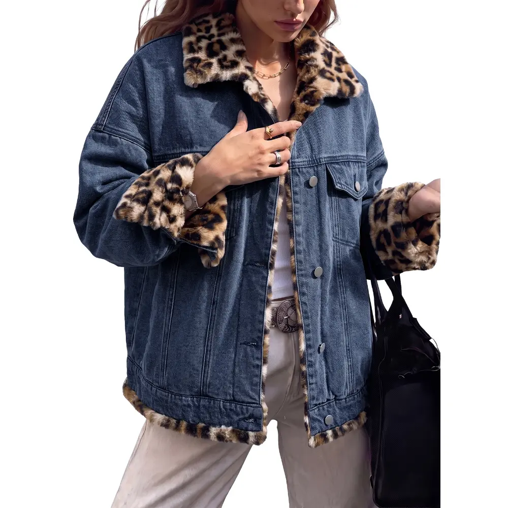 Dokotoo Women's Reversible Denim & Leopard Print Patchwork Thermal Lined Denim Jacket Fall Women Clothes