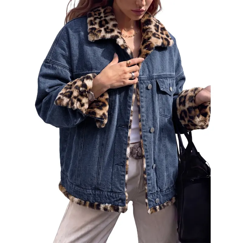 Dokotoo Women's Reversible Denim & Leopard Print Patchwork Thermal Lined Denim Jacket Fall Women Clothes