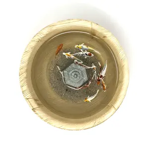 Hand Painted Koi Painted on Layers of Resin around a Stone Lantern in a Palm Leaf Bowl Home Decor