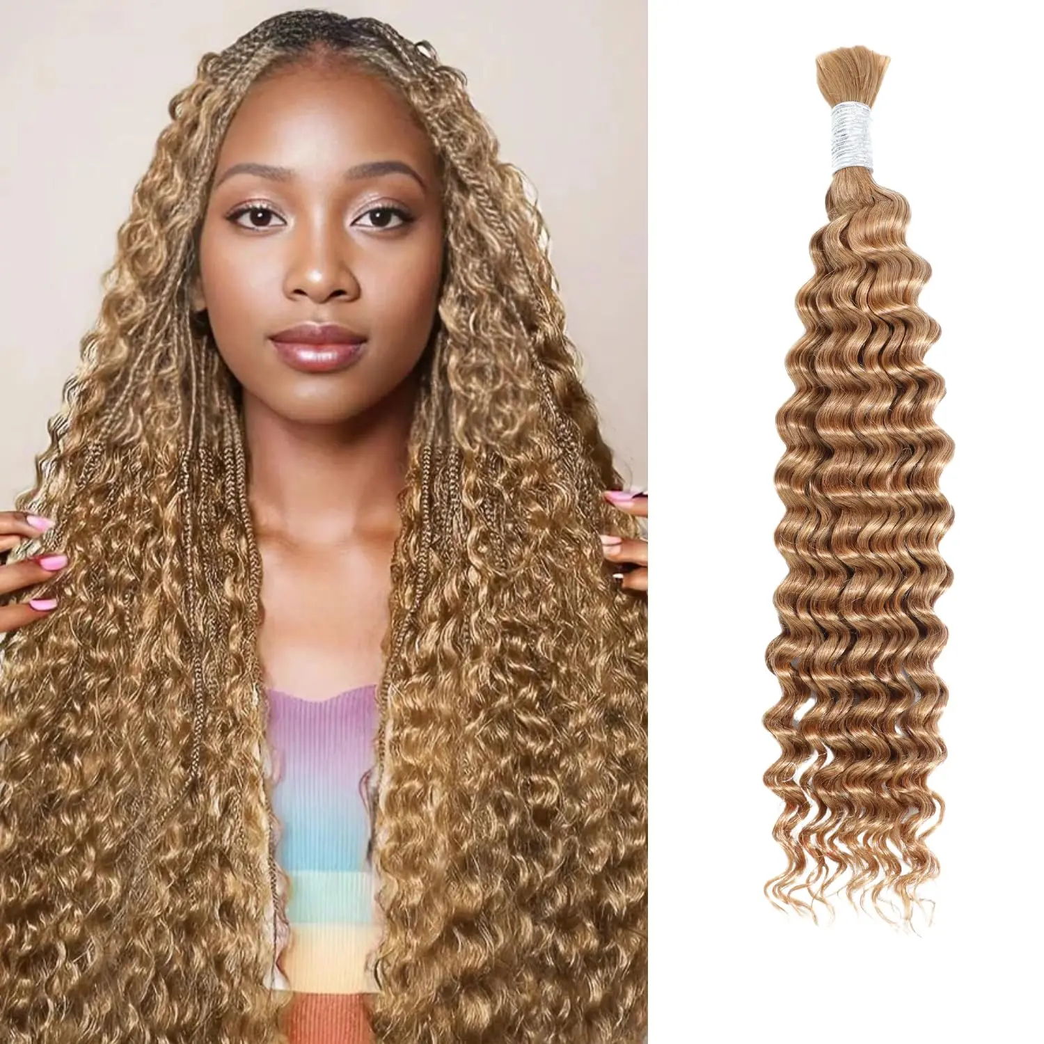 Honey Blonde Braiding Hair Curly Human Hair for Boho Knotless Braids, 27 Braiding Hair Deep Wave 100% Human Hair Bulk, No Weft 12A Virgin Boho Curls Blonde Extensions 16 Inch 100G FULL BULK