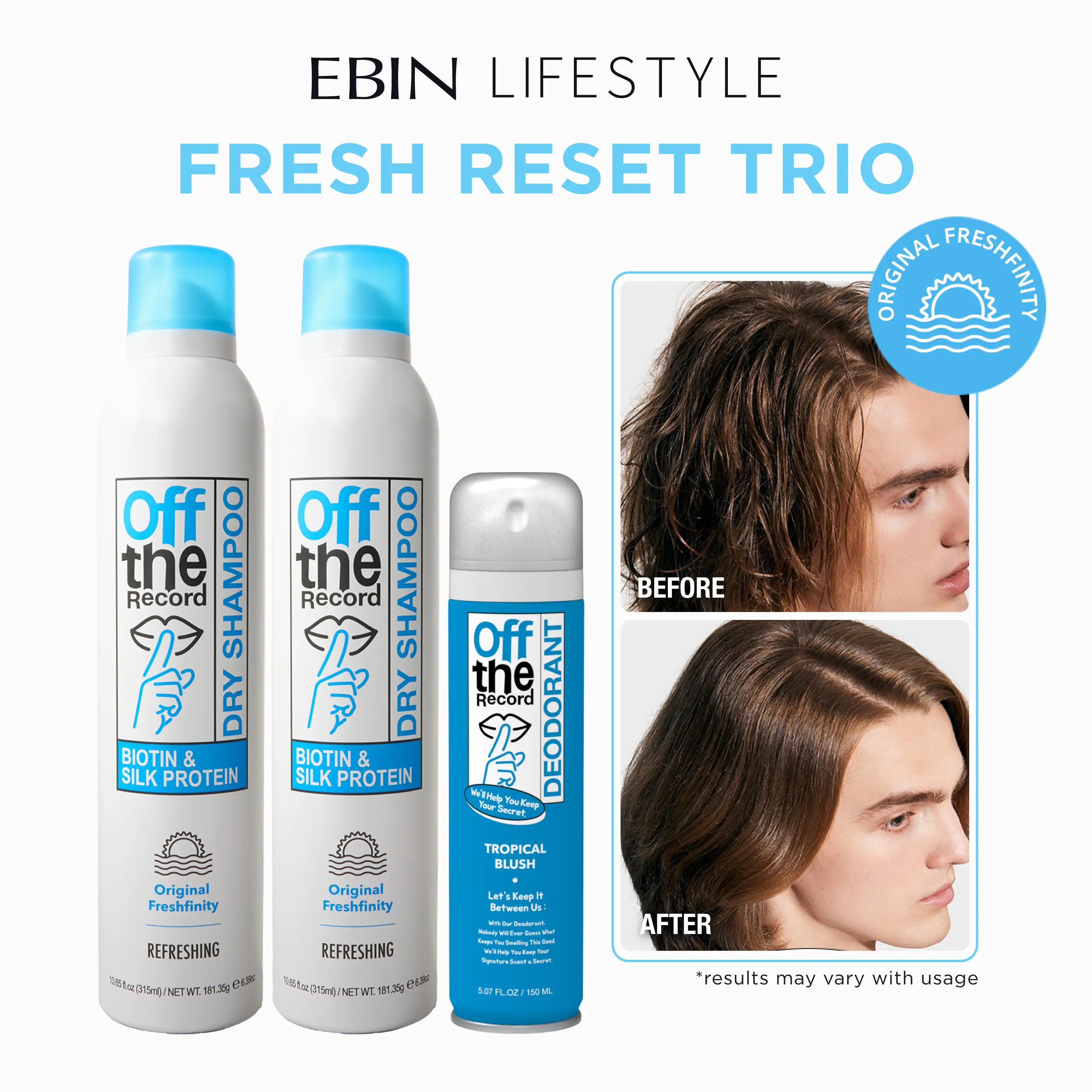 EBIN Off The Record Fresh Reset Duo (Original Freshfinity) 2-Pack Dry Shampoo + FREE Deodorant Spray | Oil Control, Odor Protection, All-Day Fresh